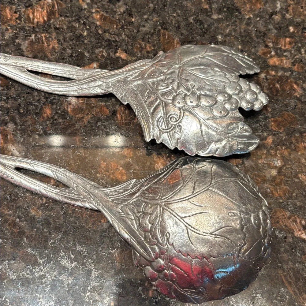 Vintage 1999 Arthur Court Aluminum Salad Serving Set ~ Spoon/Fork Bird Design